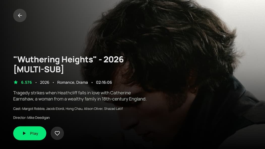 Kyro Player Android TV — movie detail page with cast, rating, and play button