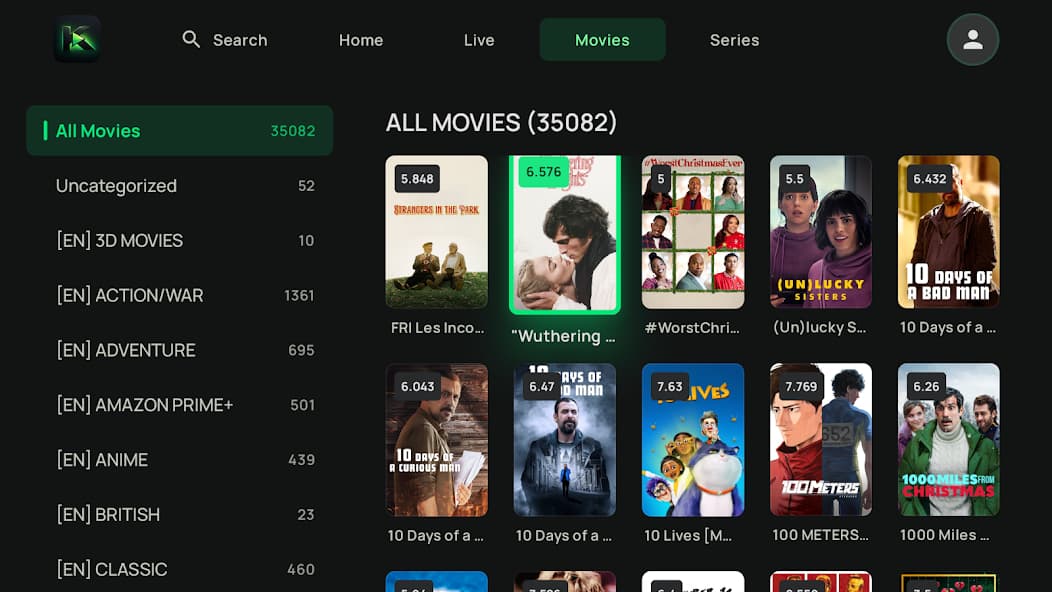 Kyro Player Android TV — Movies library with categories and poster grid